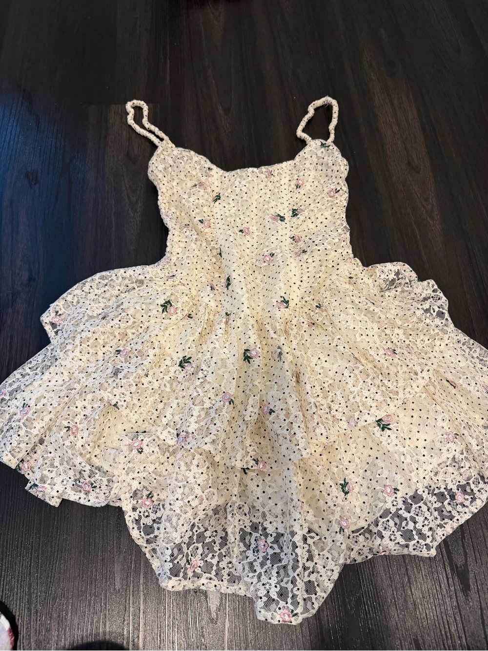 Olivaceous Cream Lace Camisole Dress with Pink & Green Floral Embroidery
